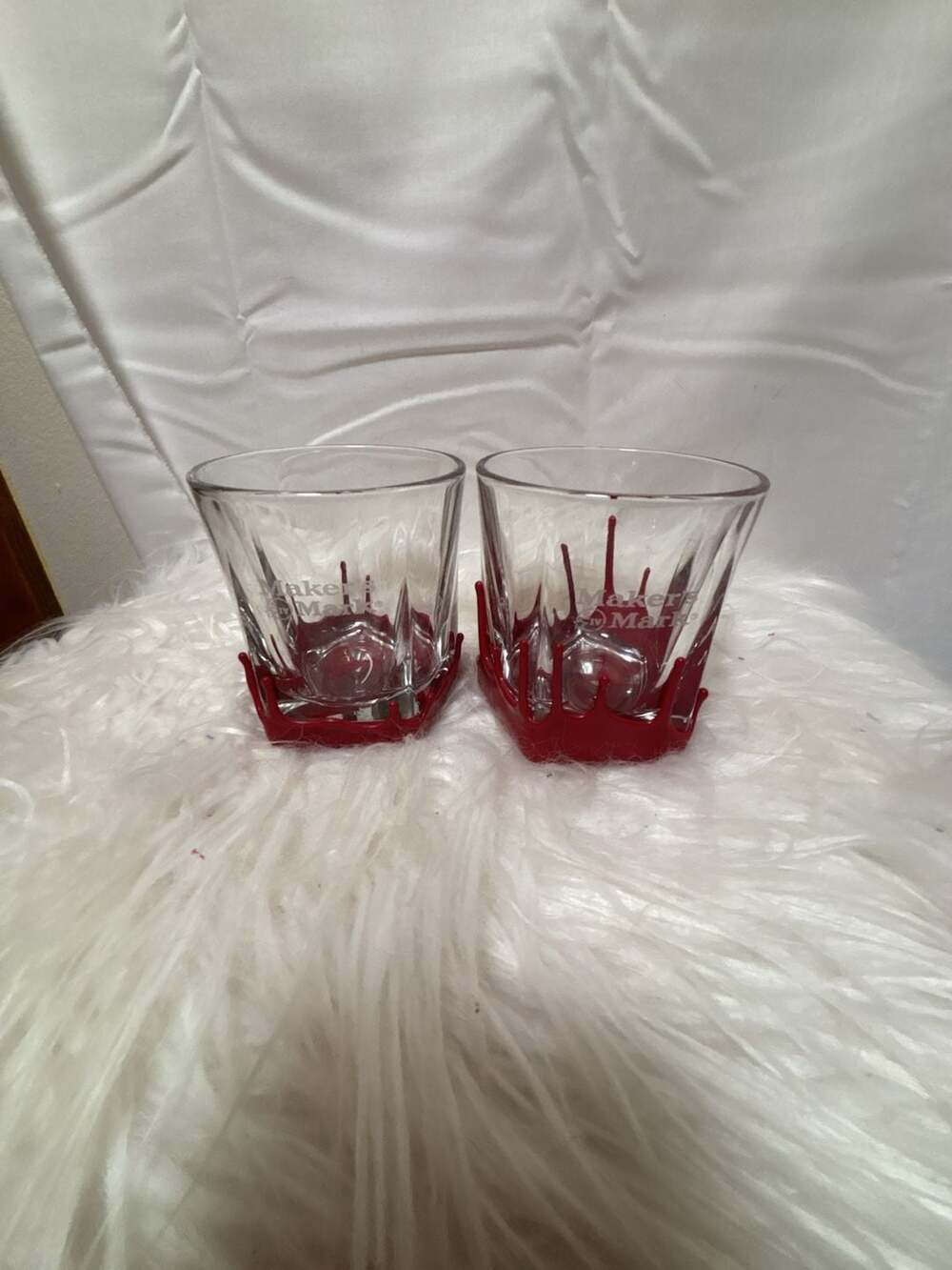 Set of 2 Maker's Mark Bourbon Red Wax Drip Whiskey Glasses Rocks Barware